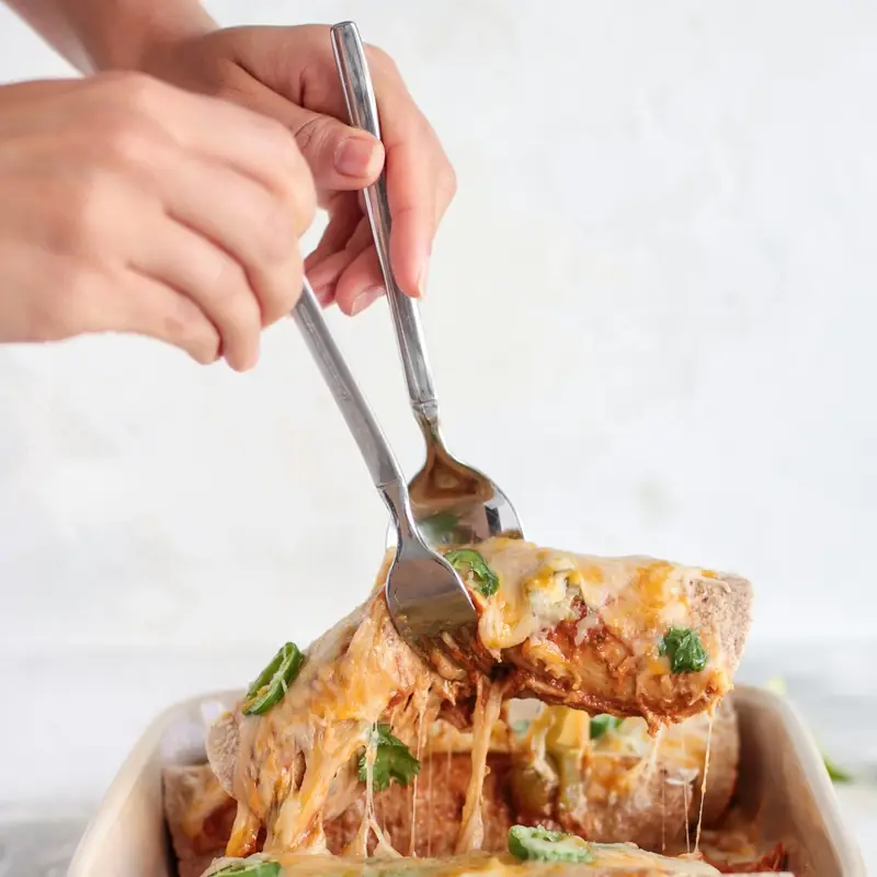 Cheese-topped enchiladas fresh from the oven